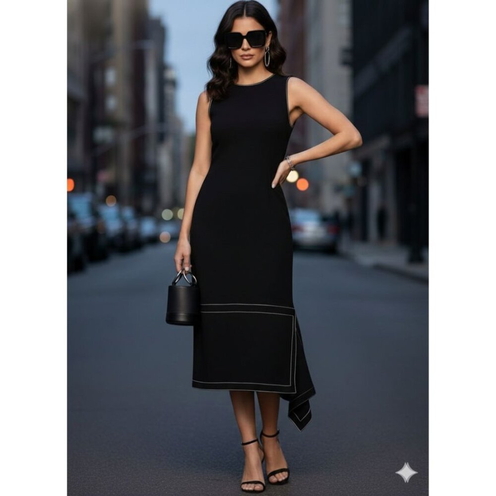 Rosetta Getty Black Sleeveless Asymetric Midi Dress | Contrast Stitch